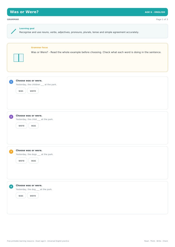 Was or Were? worksheet preview