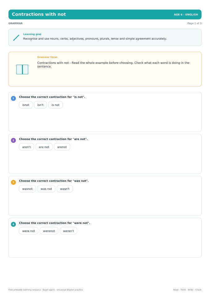 Contractions with not worksheet preview