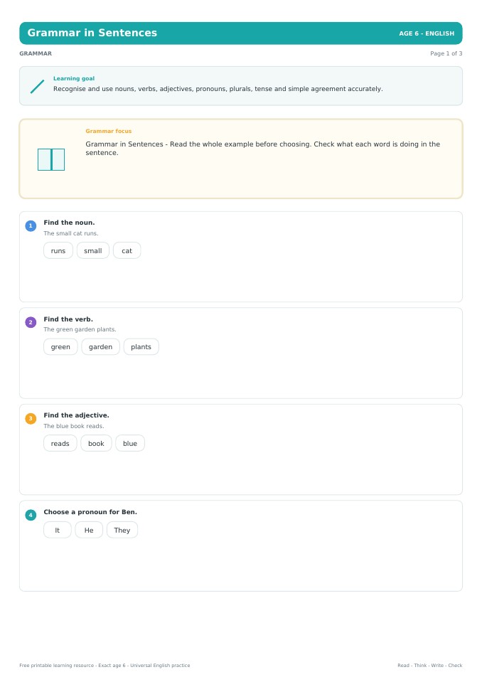 Grammar in Sentences worksheet preview