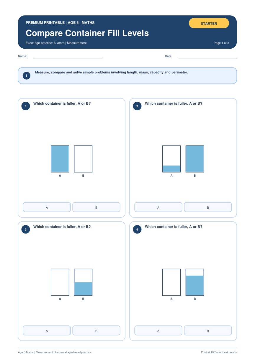 Compare Container Fill Levels worksheet preview