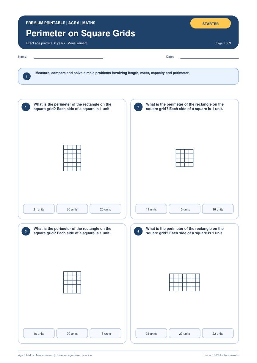 Perimeter on Square Grids worksheet preview