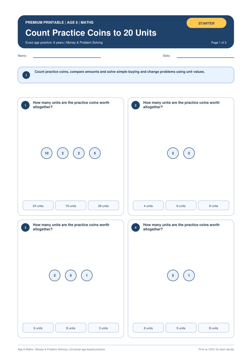 Count Practice Coins to 20 Units worksheet preview