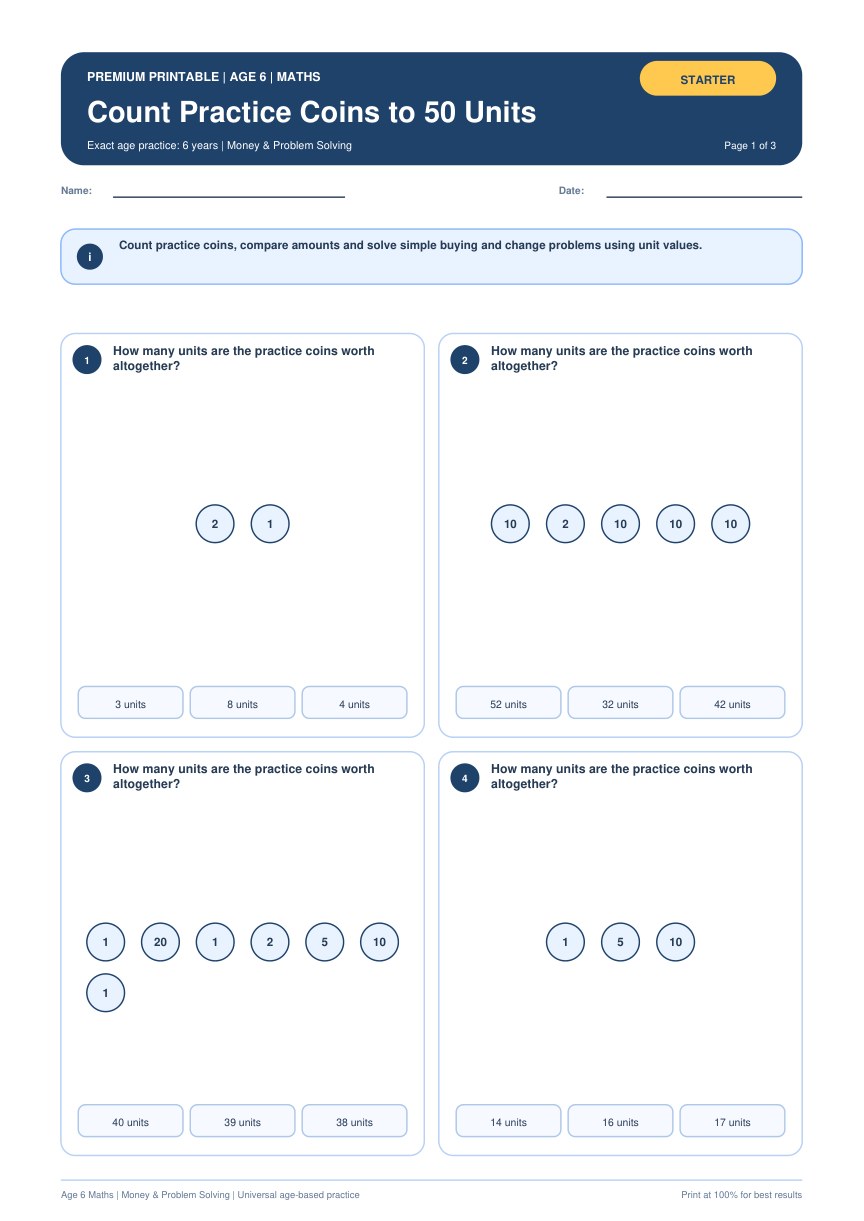 Count Practice Coins to 50 Units worksheet preview