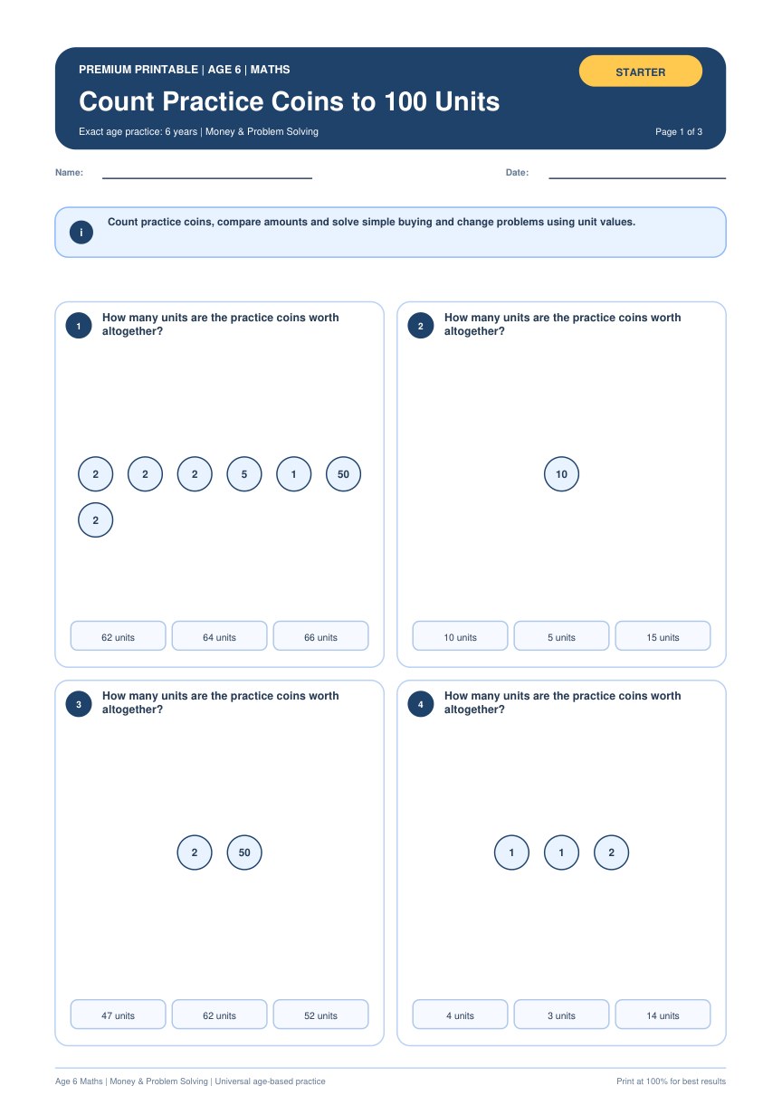 Count Practice Coins to 100 Units worksheet preview