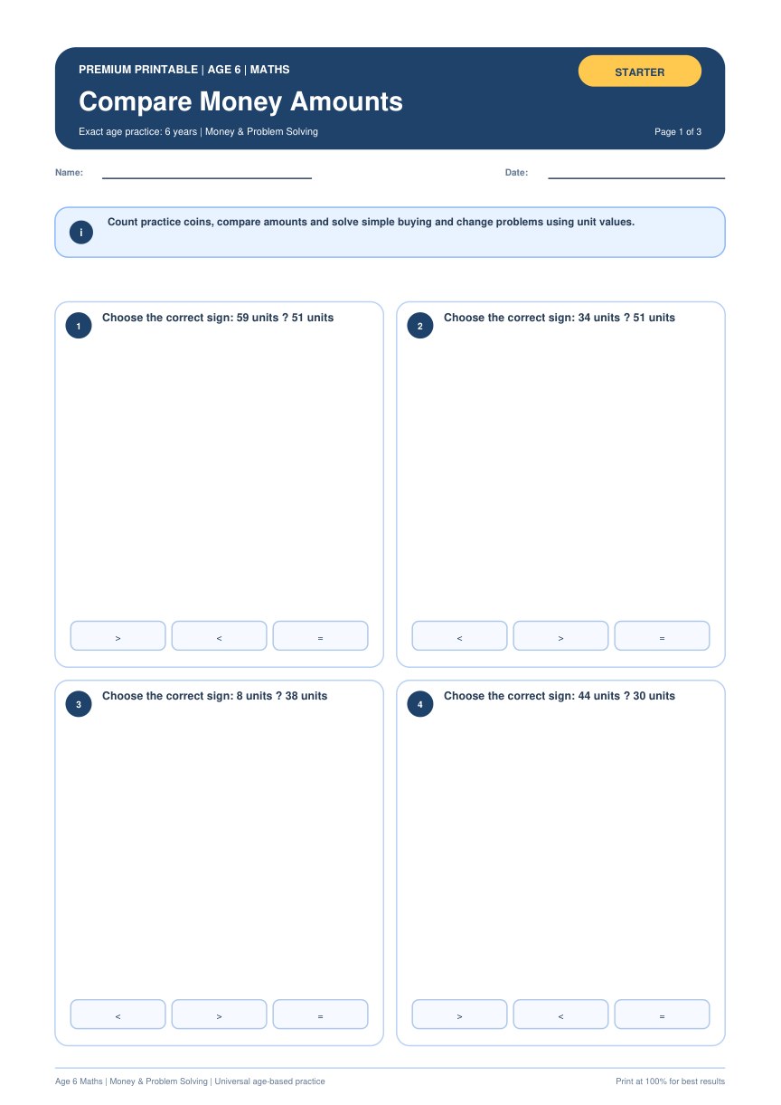 Compare Money Amounts worksheet preview