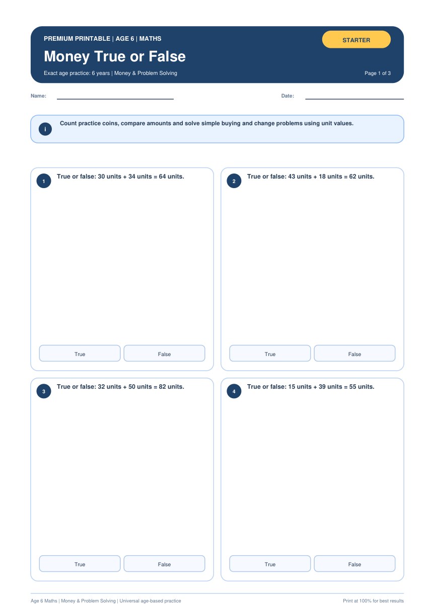 Money True or False worksheet preview