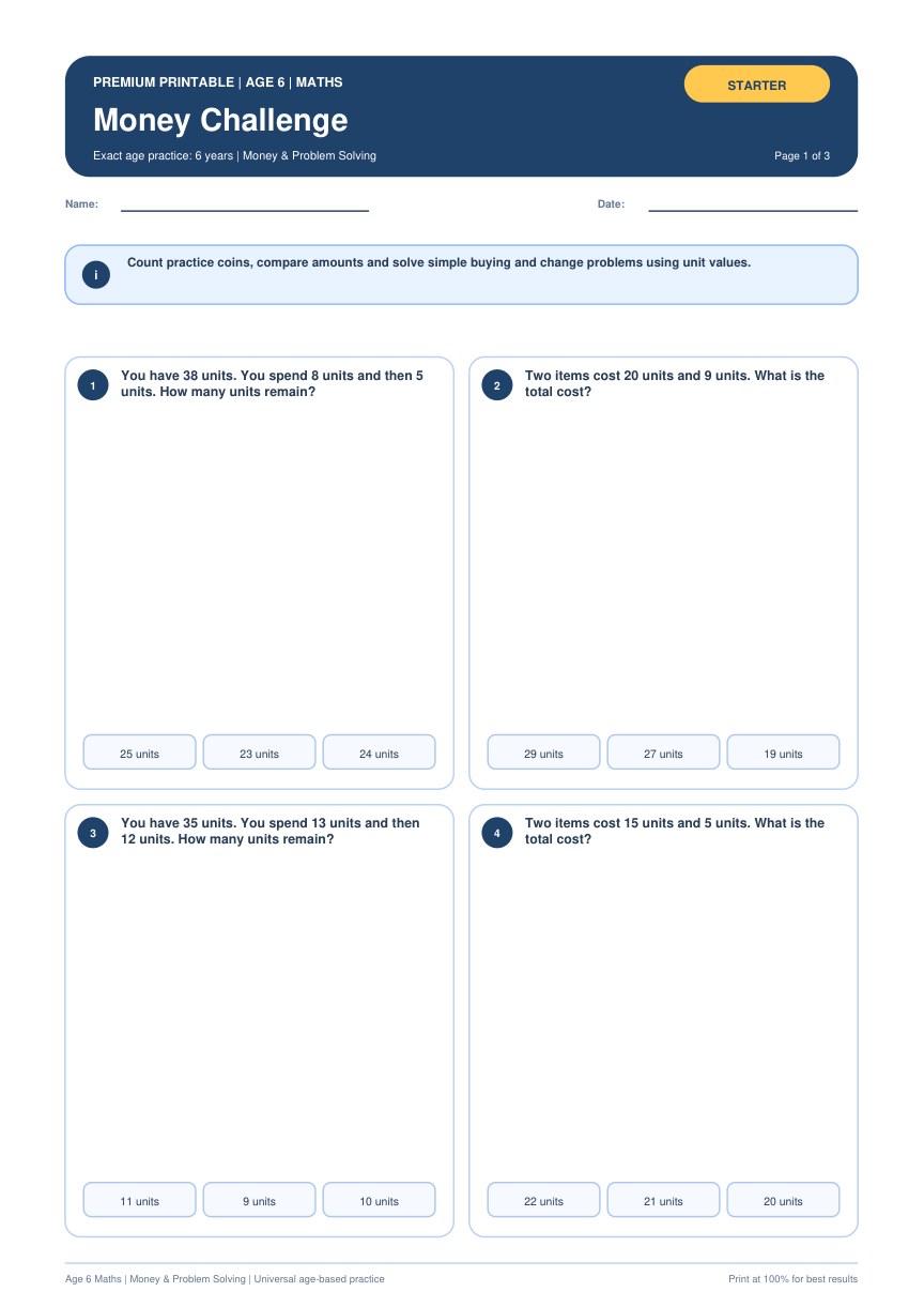 Money Challenge worksheet preview