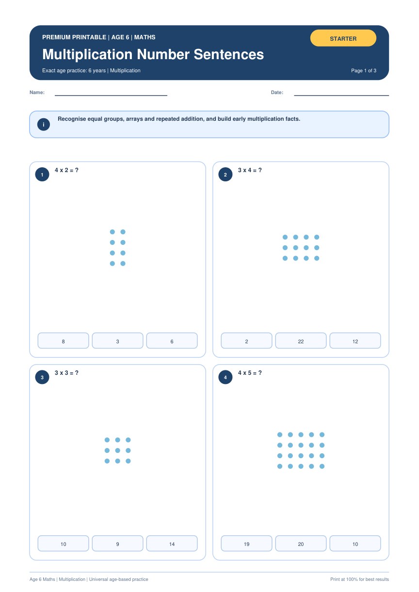 Multiplication Number Sentences worksheet preview
