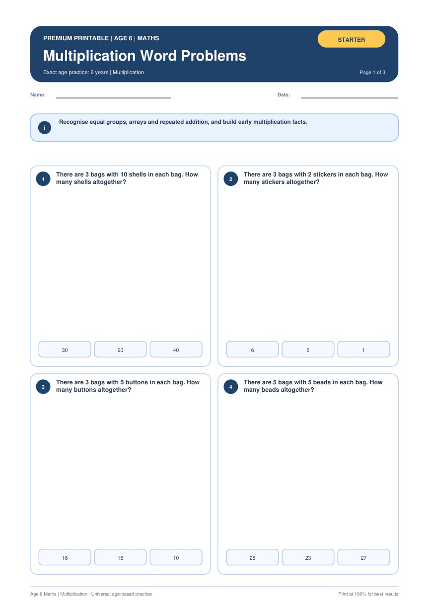 Multiplication Word Problems worksheet preview