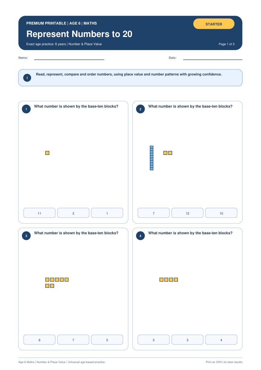 Represent Numbers to 20 worksheet preview