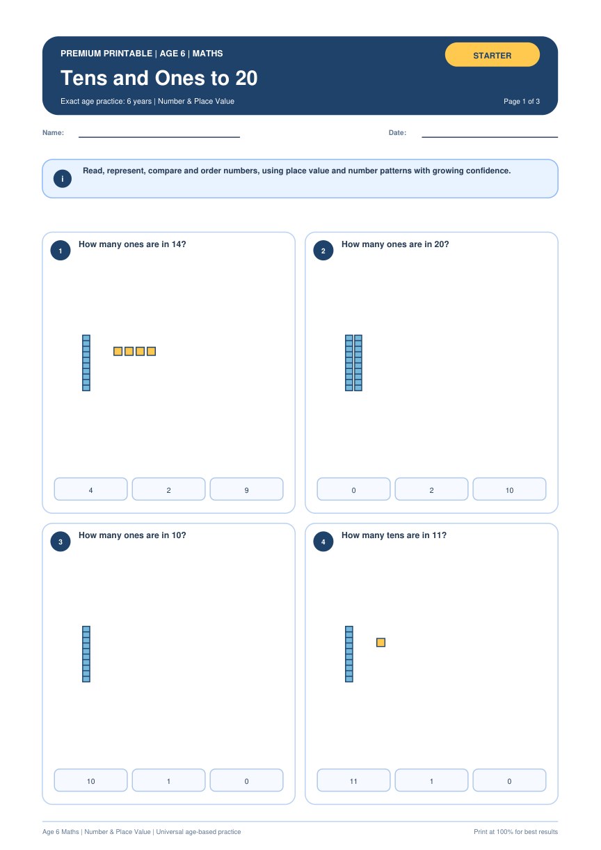 Tens and Ones to 20 worksheet preview
