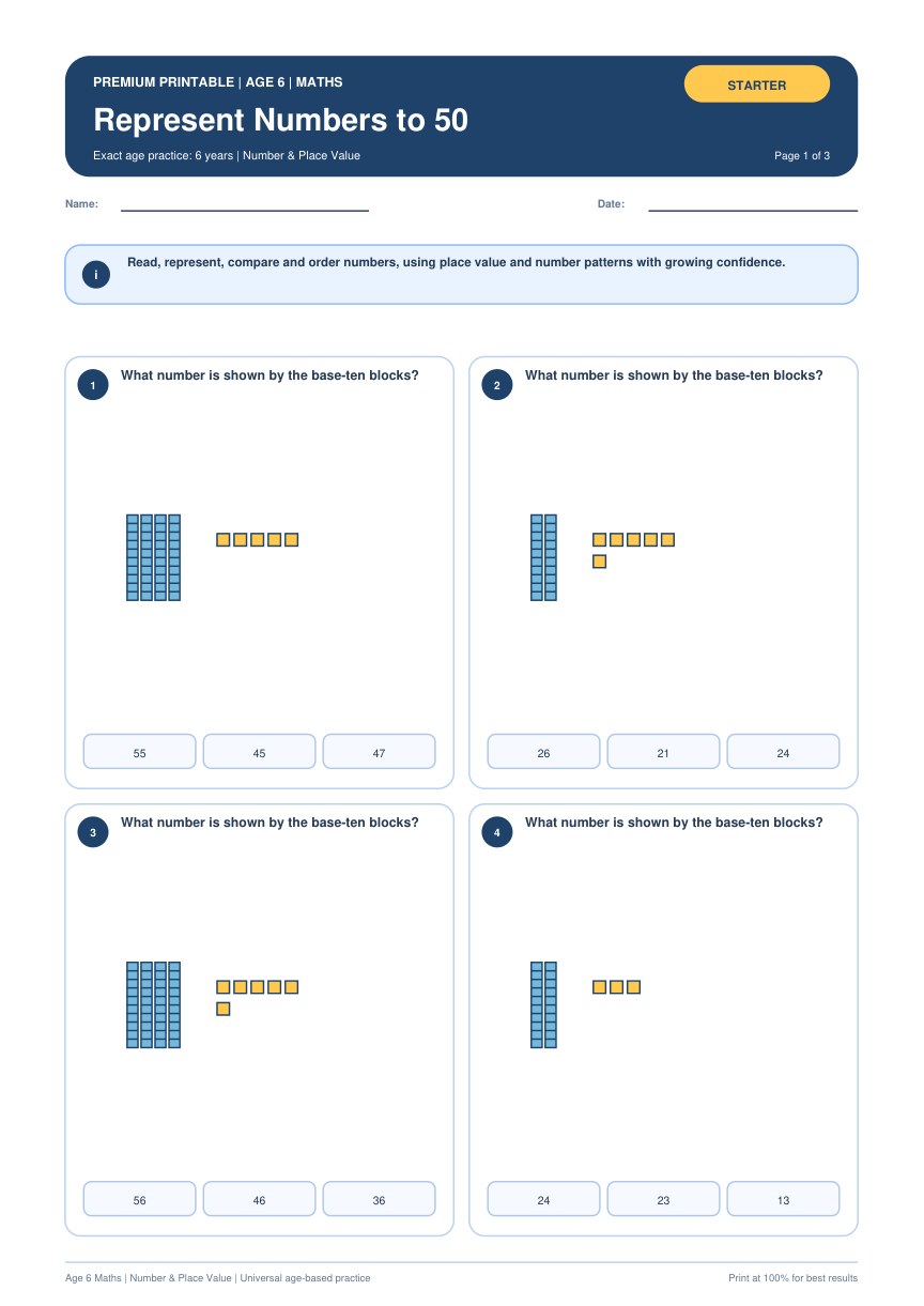 Represent Numbers to 50 worksheet preview