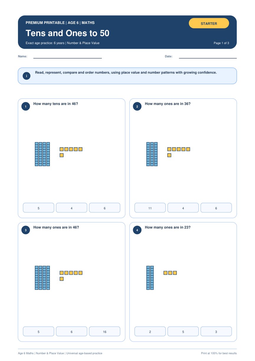 Tens and Ones to 50 worksheet preview