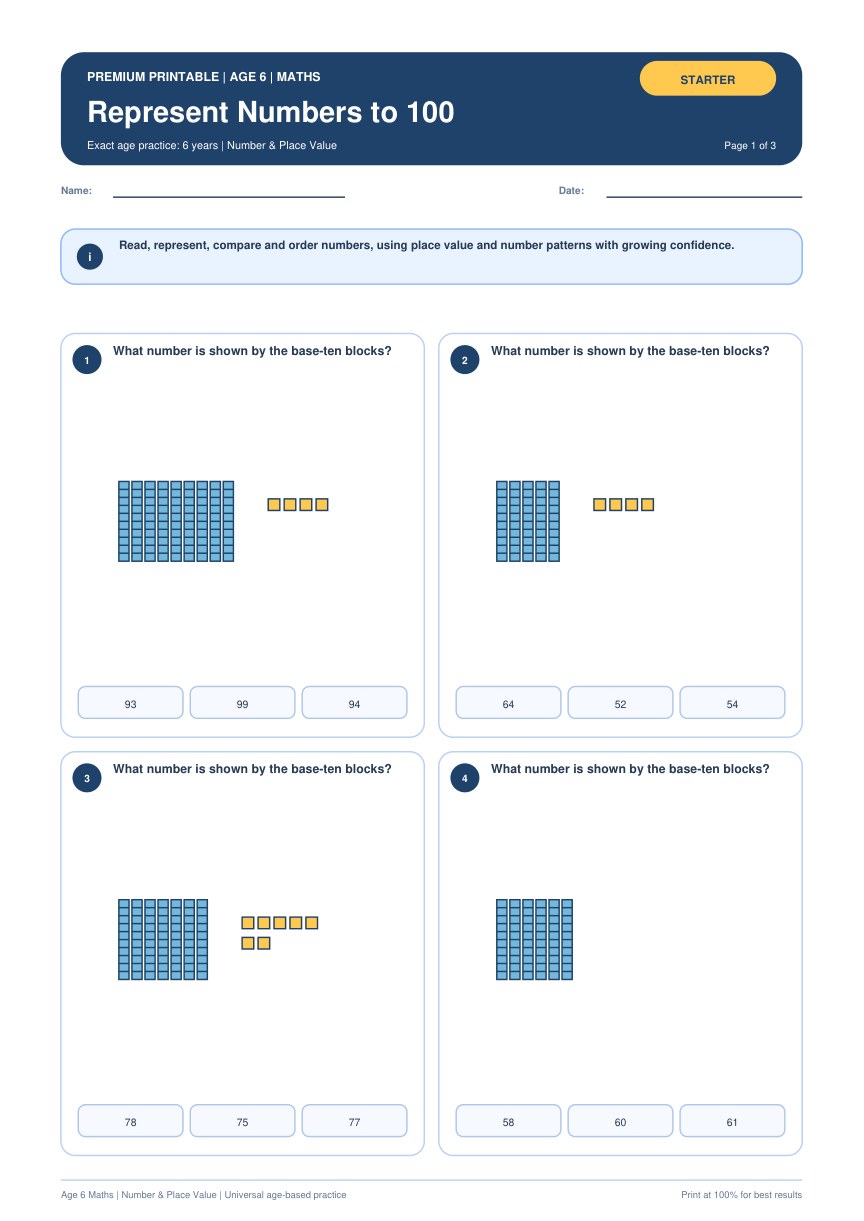 Represent Numbers to 100 worksheet preview