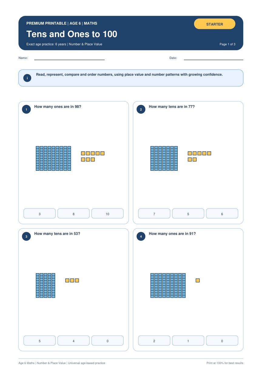 Tens and Ones to 100 worksheet preview