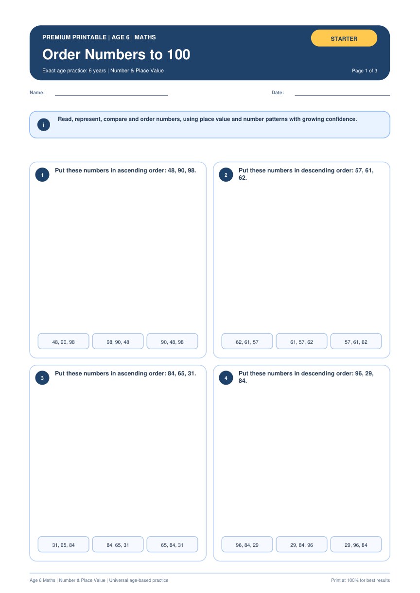Order Numbers to 100 worksheet preview