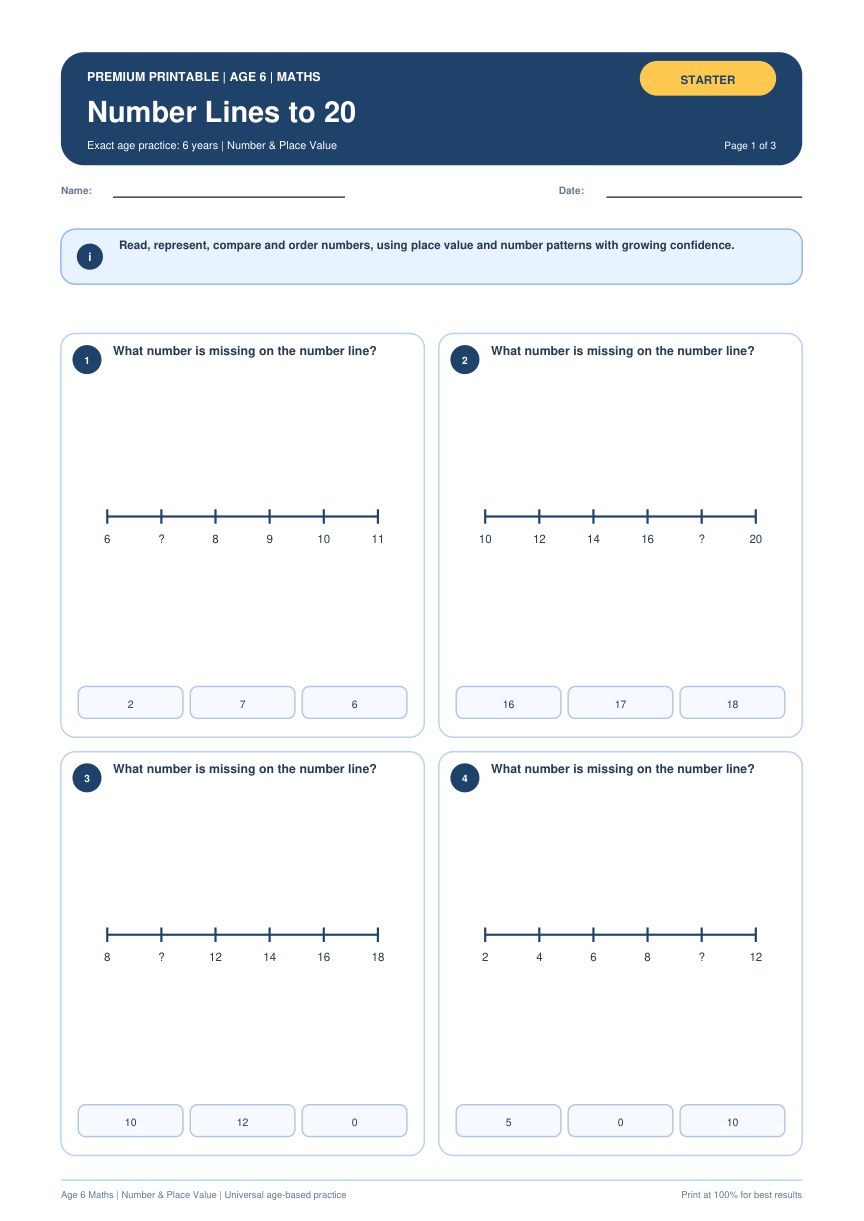 Number Lines to 20 worksheet preview