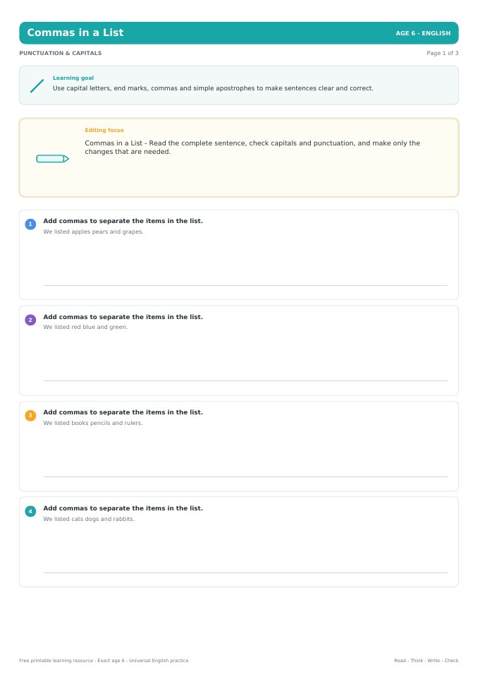 Commas in a List worksheet preview