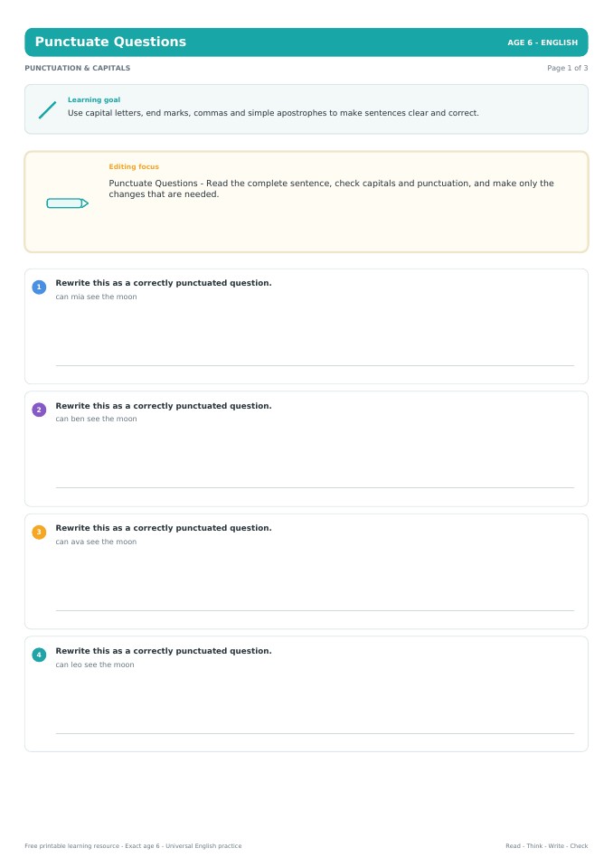 Punctuate Questions worksheet preview