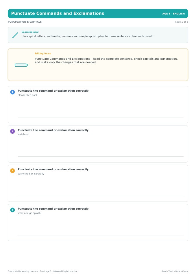 Punctuate Commands and Exclamations worksheet preview