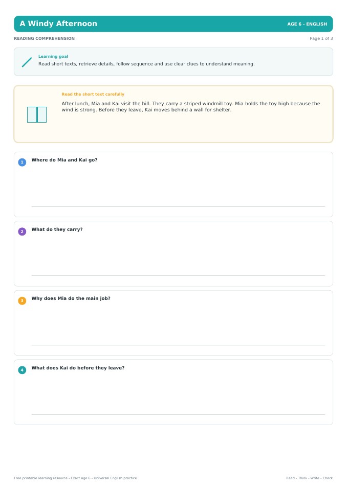 A Windy Afternoon worksheet preview