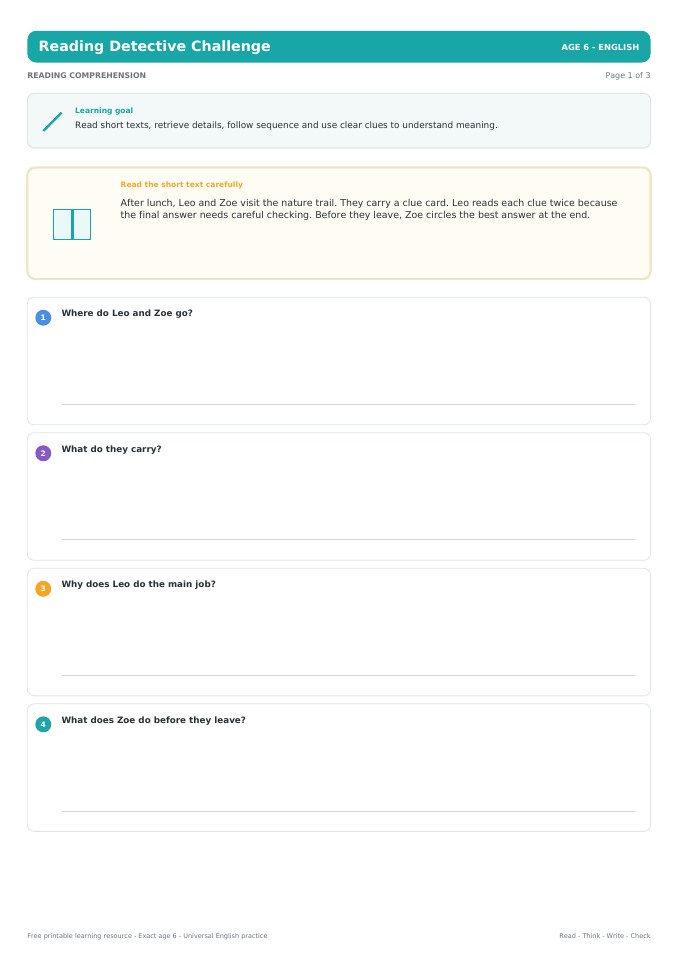Reading Detective Challenge worksheet preview