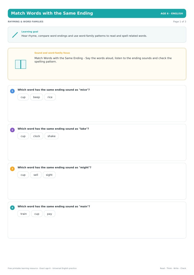 Match Words with the Same Ending worksheet preview