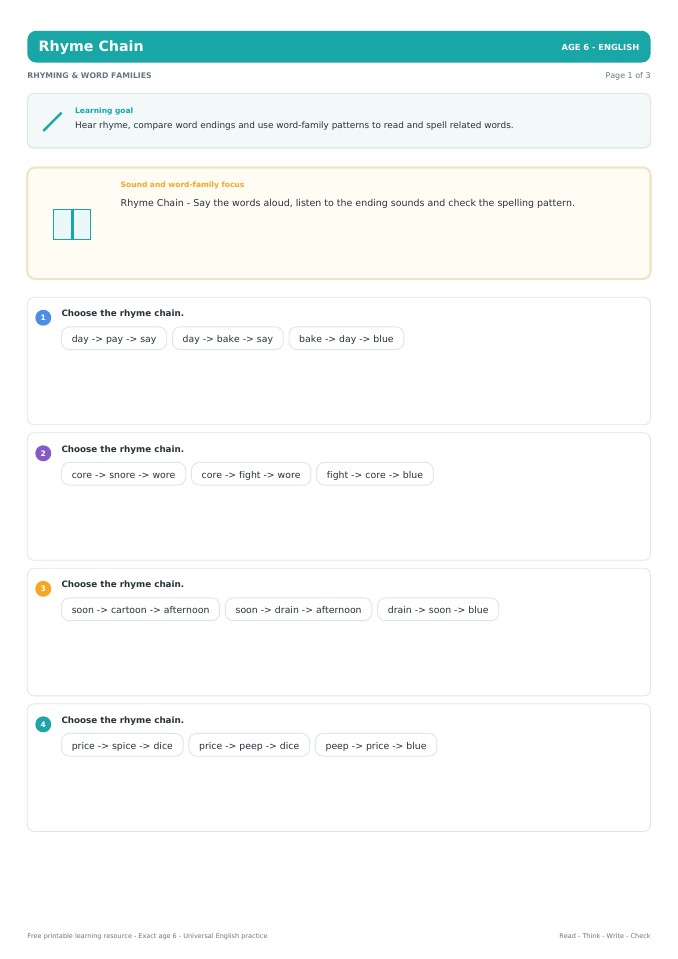 Rhyme Chain worksheet preview