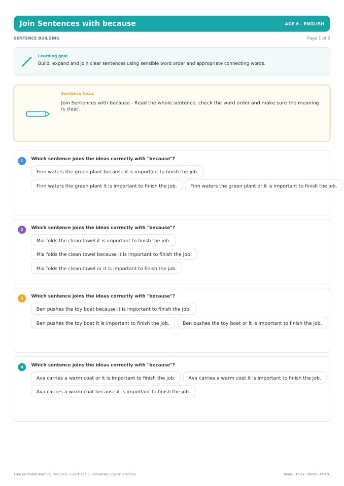 Join Sentences with because worksheet preview