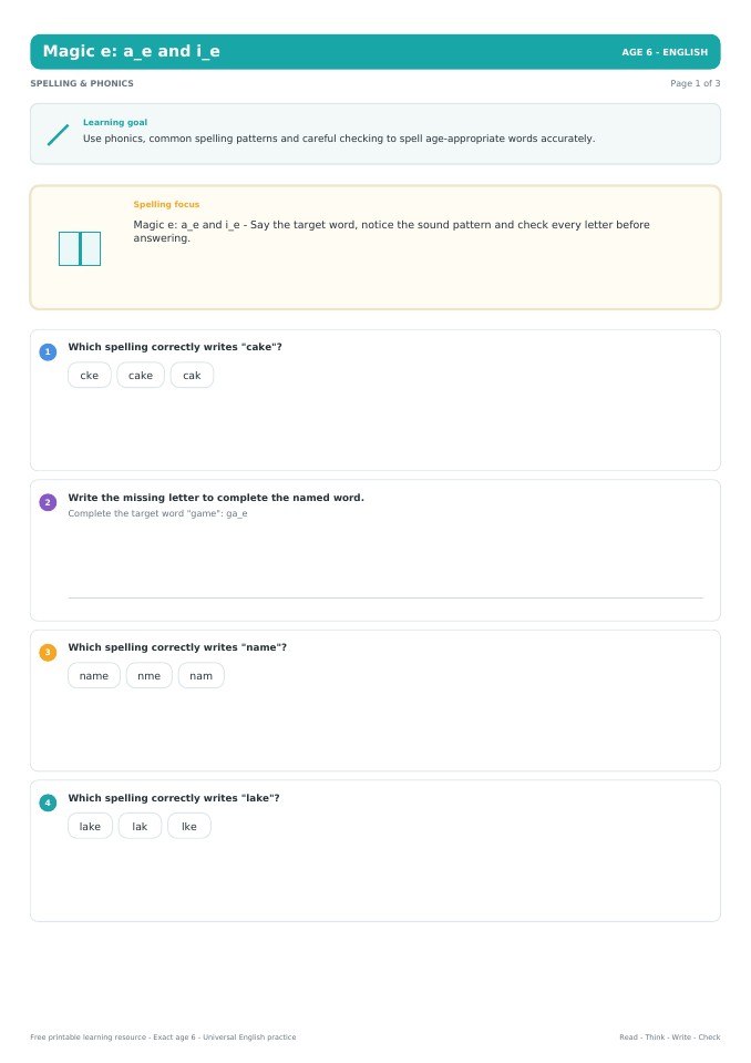 Magic e: a_e and i_e worksheet preview