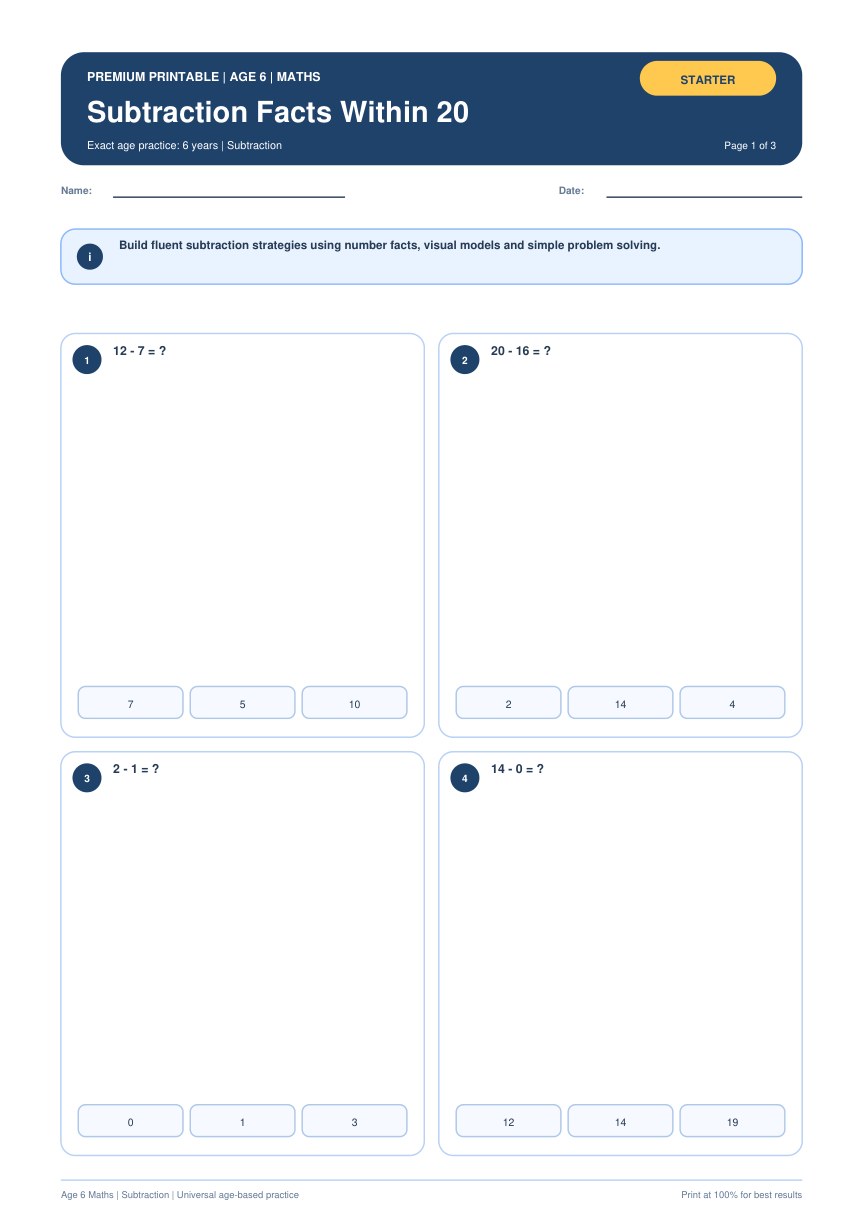 Subtraction Facts Within 20 worksheet preview