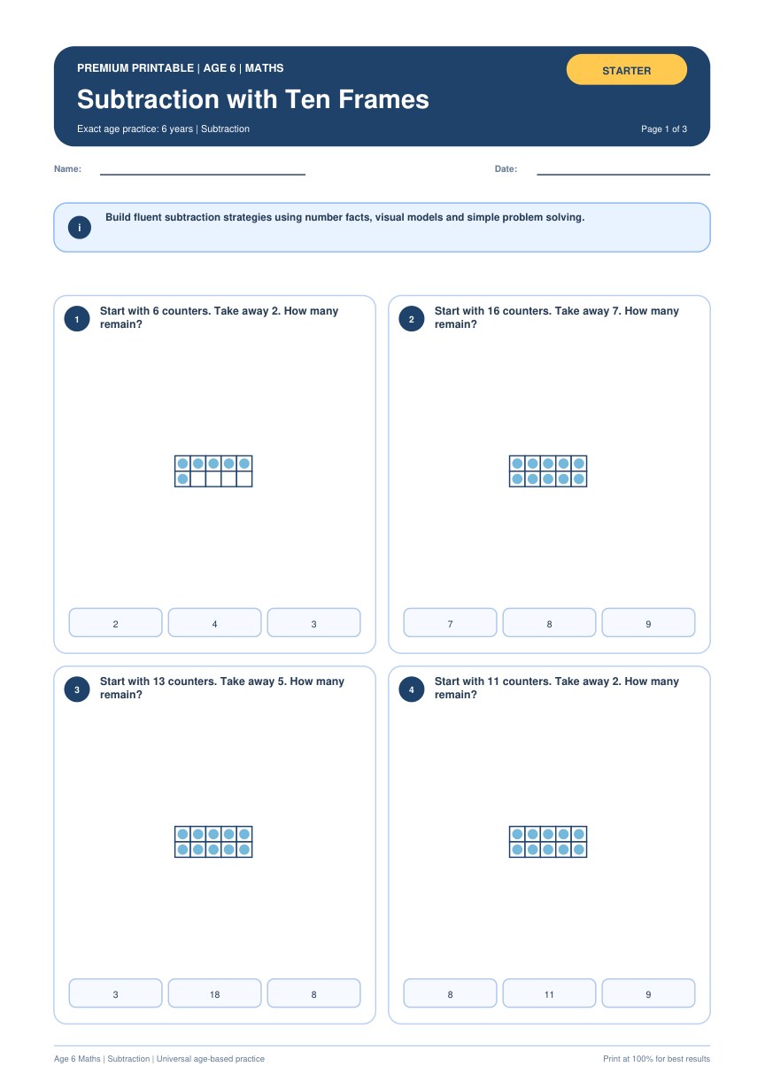 Subtraction with Ten Frames worksheet preview