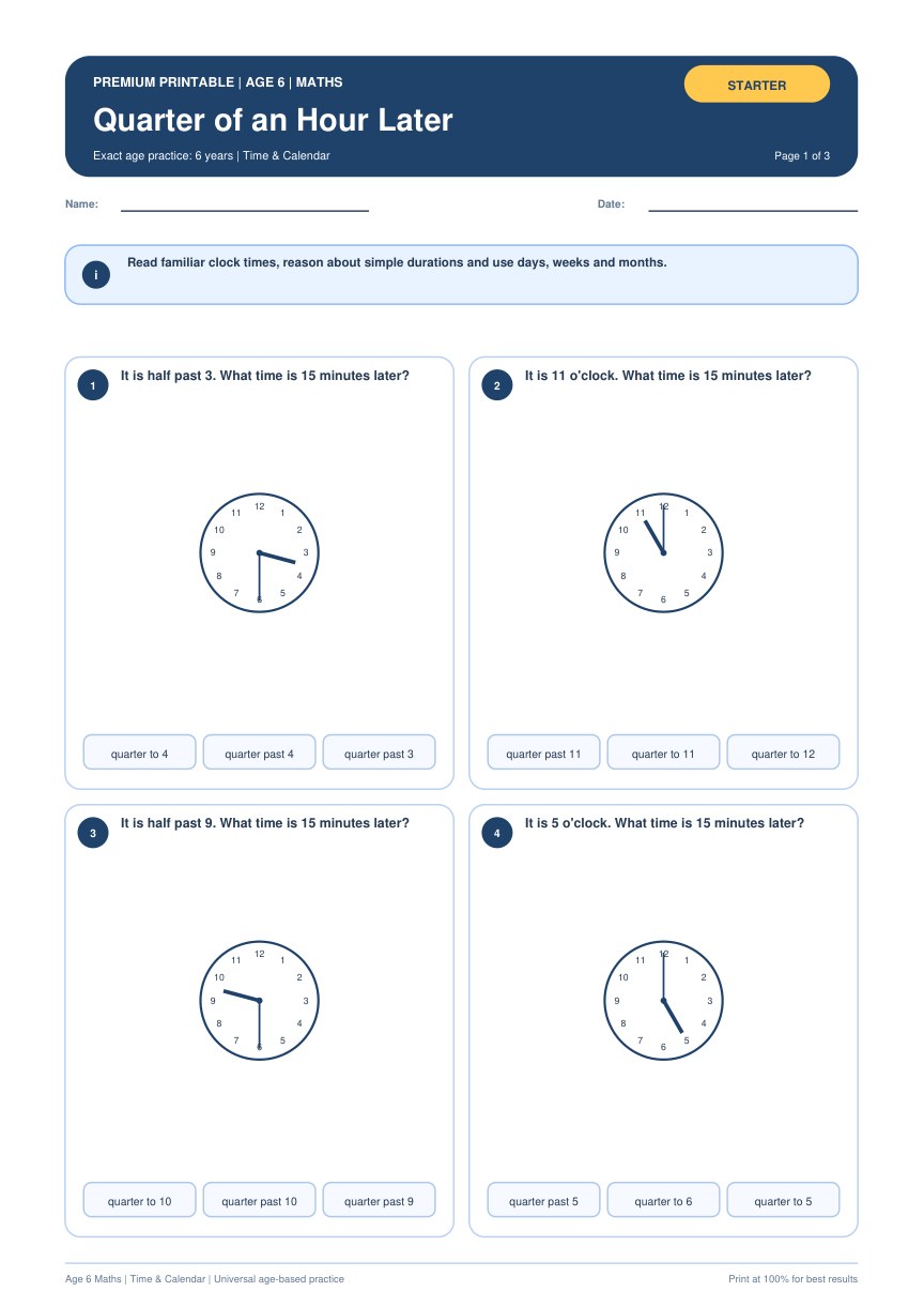 Quarter of an Hour Later worksheet preview