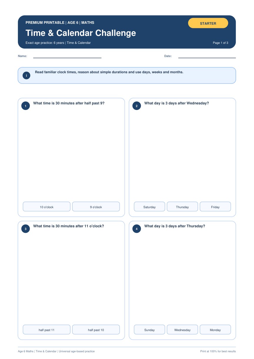 Time & Calendar Challenge worksheet preview
