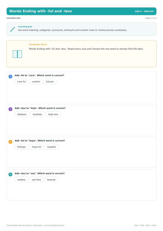 Words Ending with -ful and -less worksheet preview