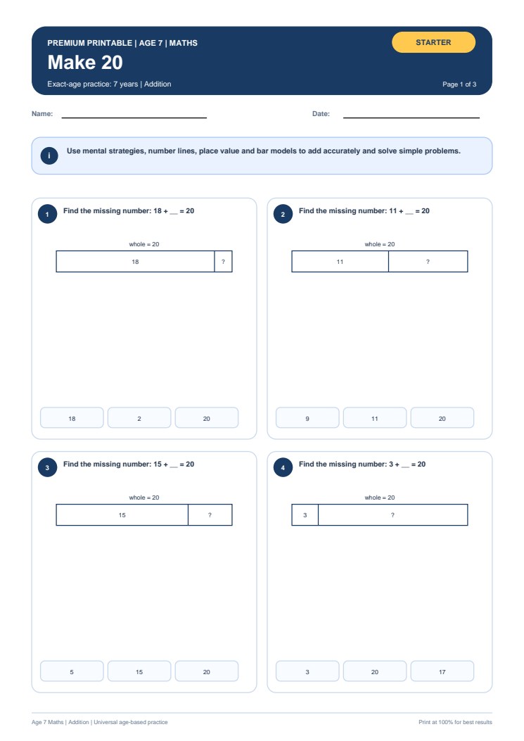 Make 20 worksheet preview