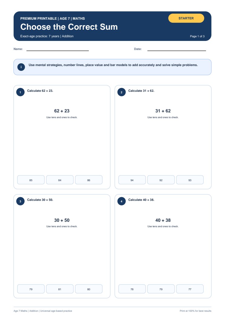 Choose the Correct Sum worksheet preview