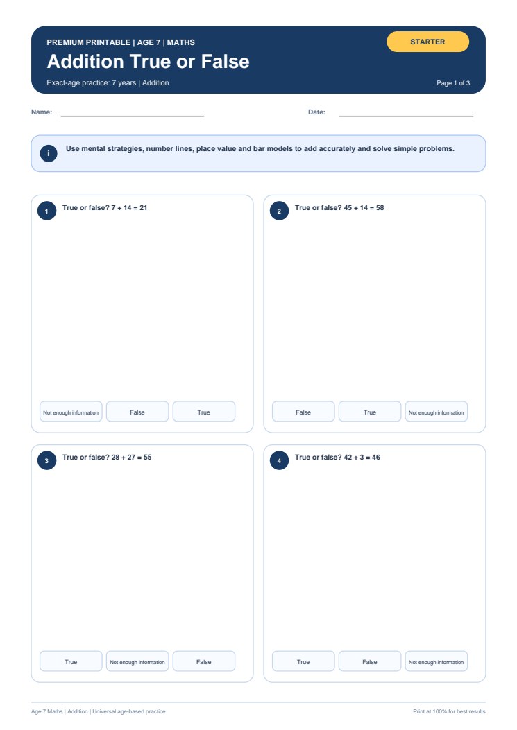 Addition True or False worksheet preview