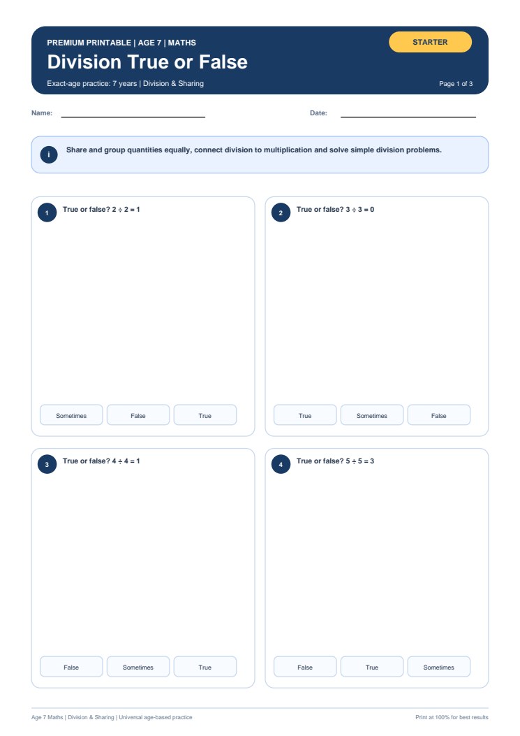 Division True or False worksheet preview