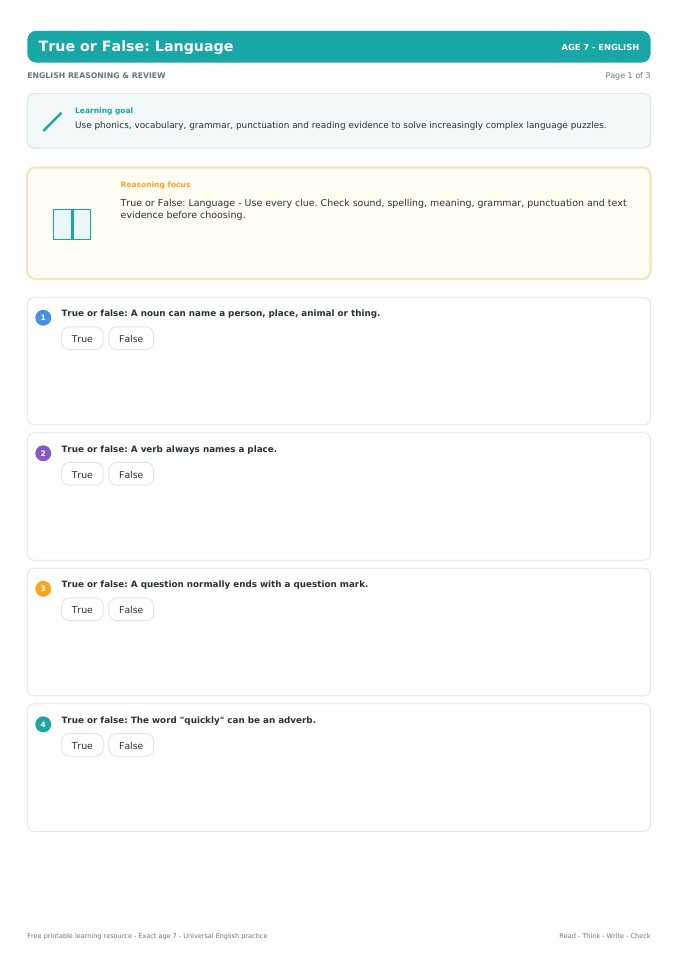 True or False: Language worksheet preview