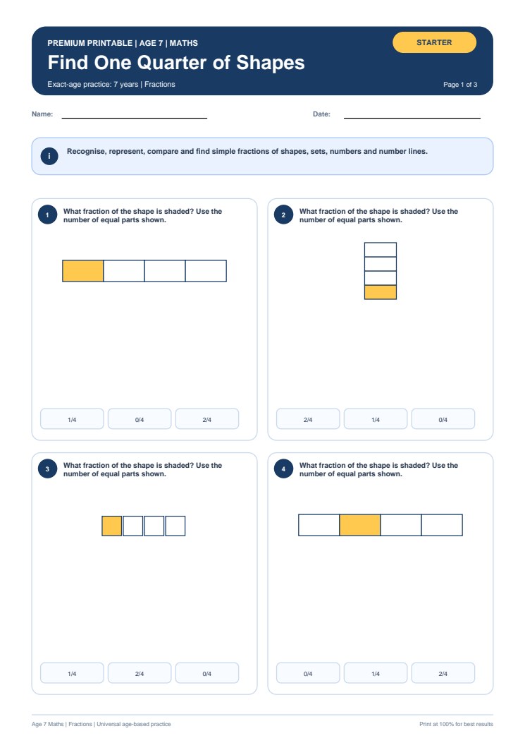 Find One Quarter of Shapes worksheet preview