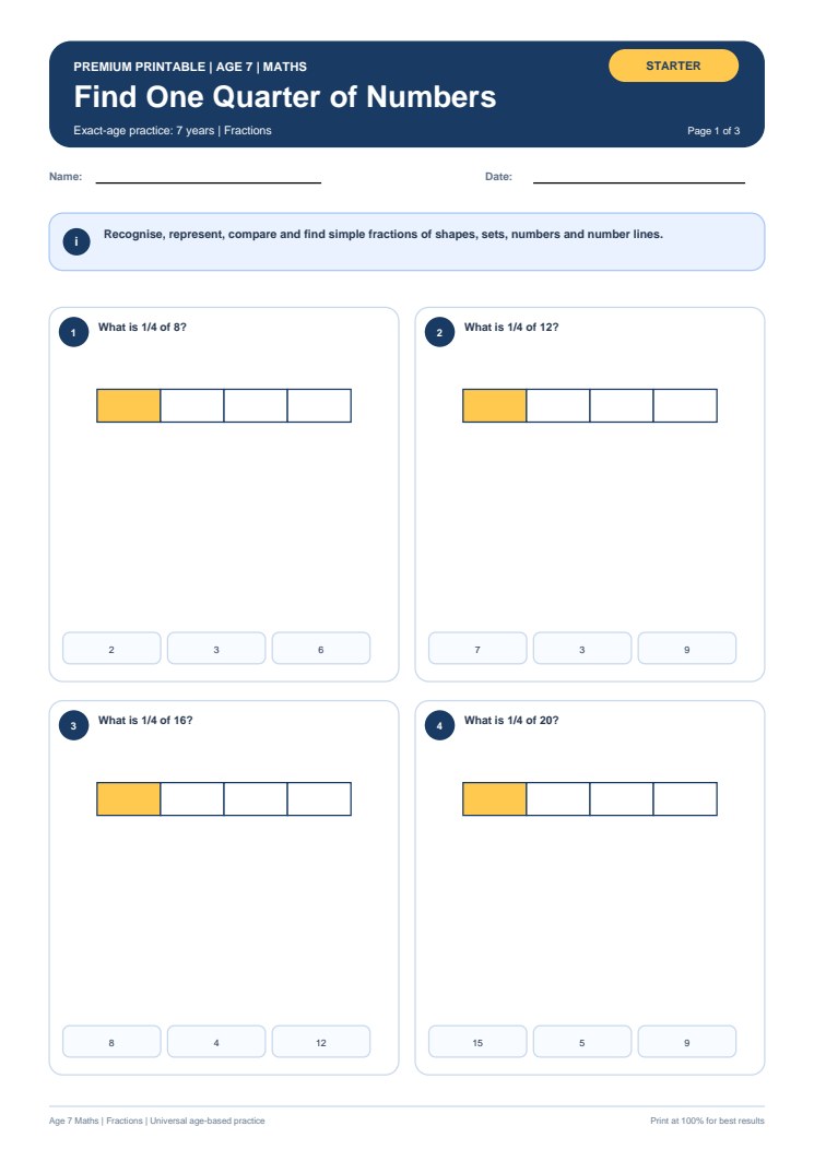Find One Quarter of Numbers worksheet preview