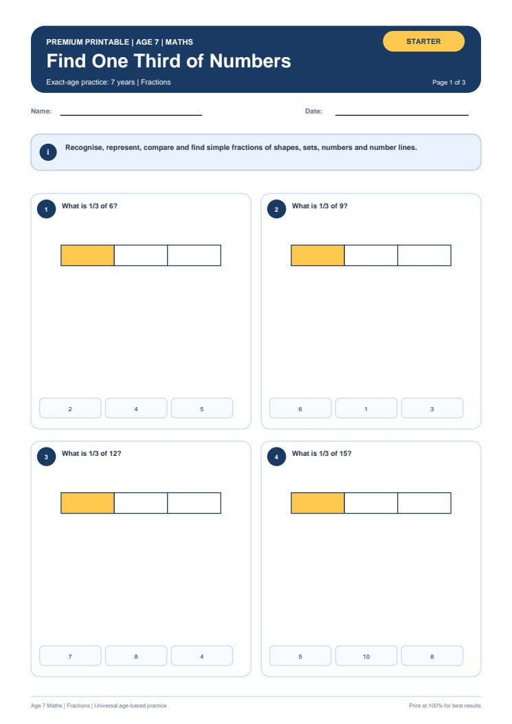 Find One Third of Numbers worksheet preview