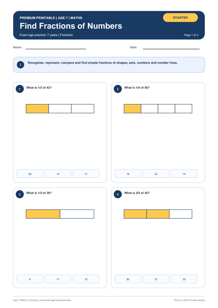 Find Fractions of Numbers worksheet preview