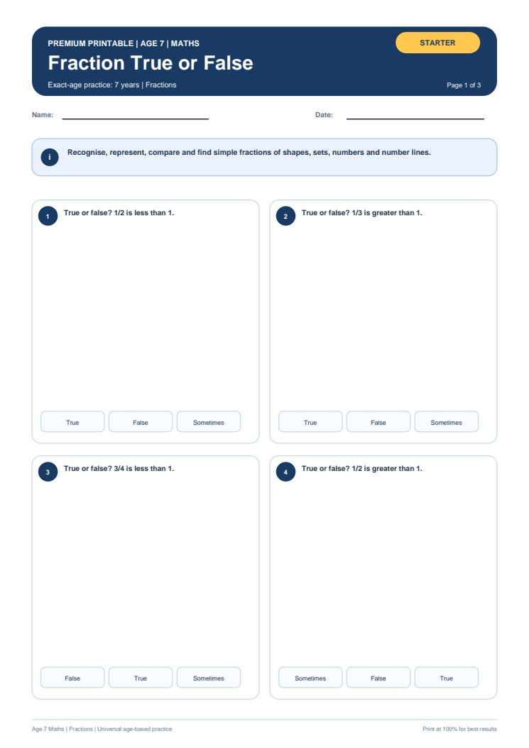 Fraction True or False worksheet preview