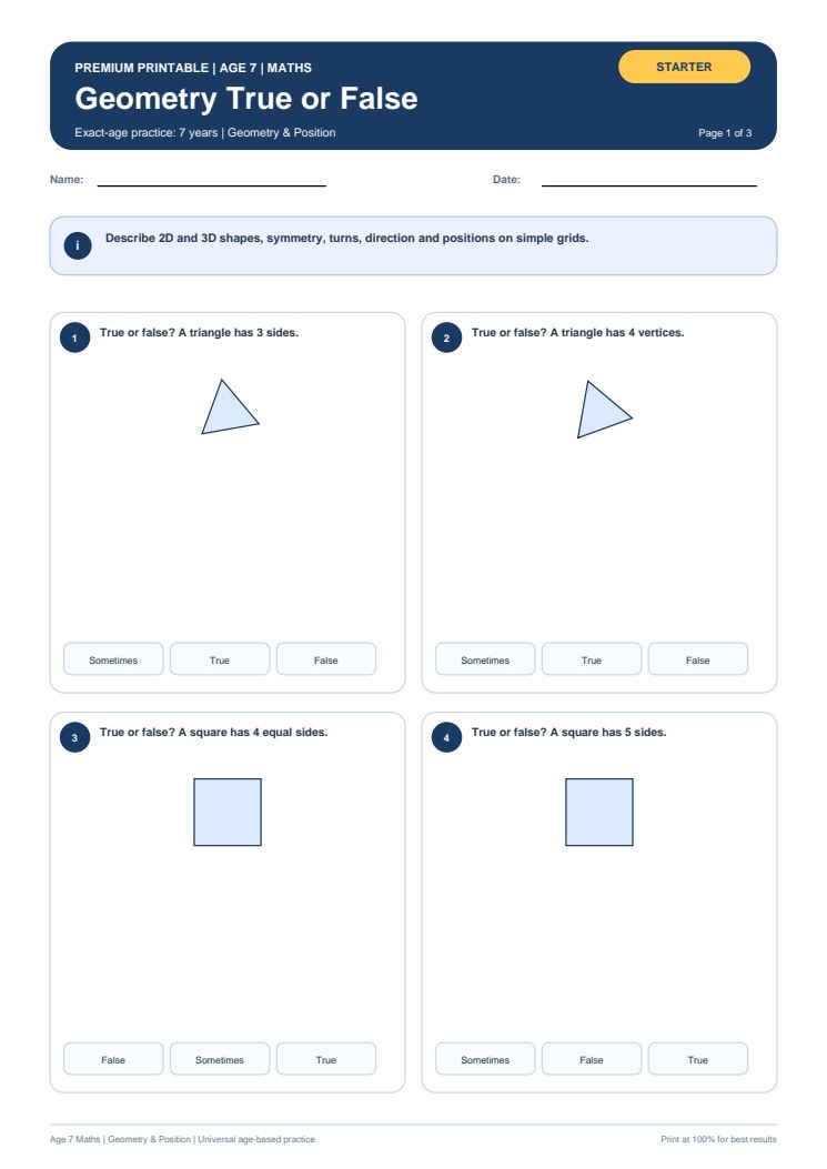 Geometry True or False worksheet preview