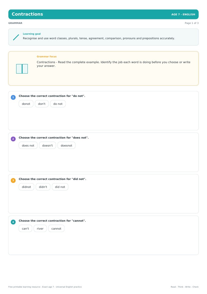 Contractions worksheet preview