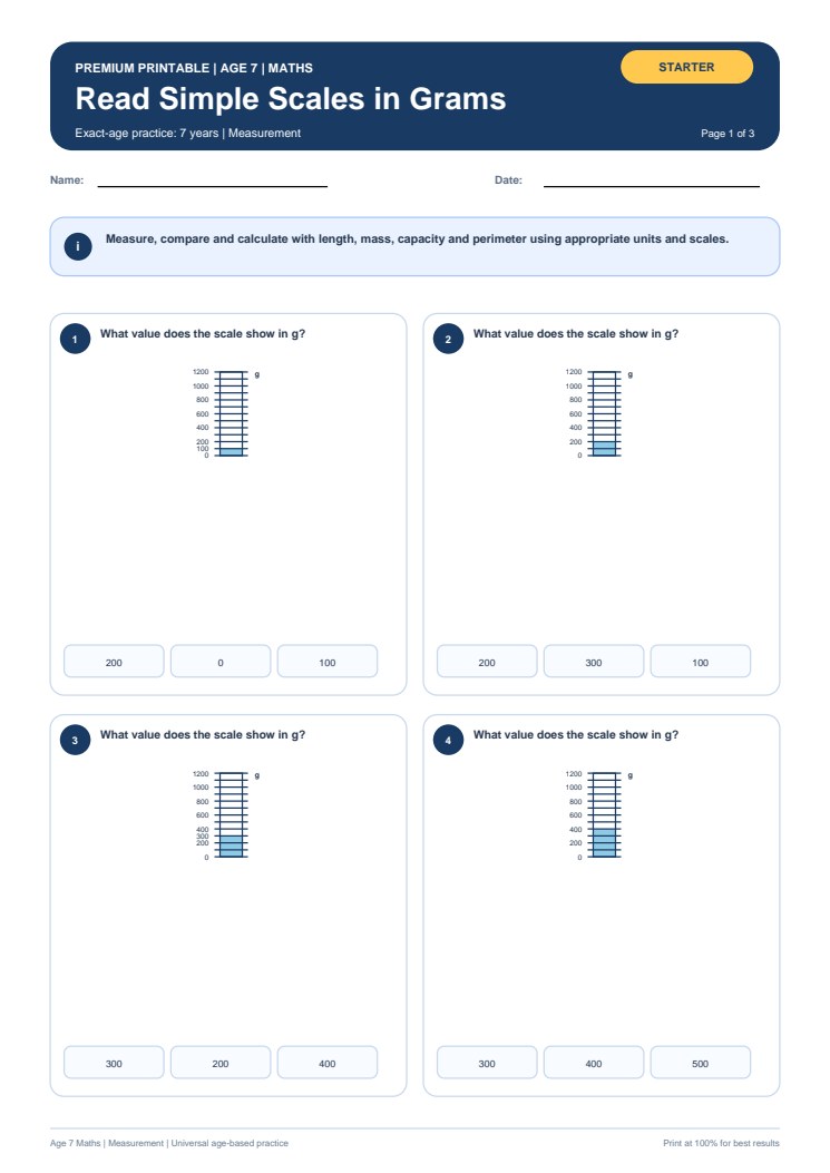 Read Simple Scales in Grams worksheet preview