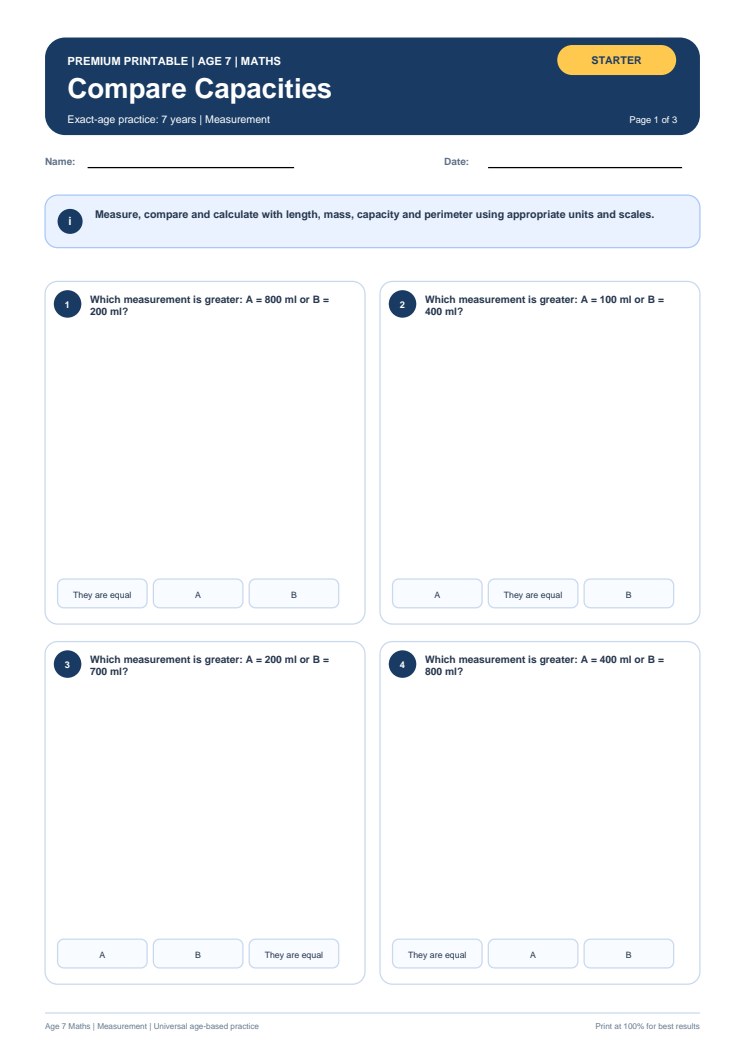 Compare Capacities worksheet preview