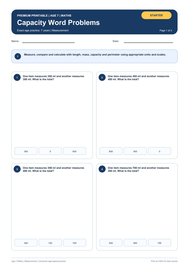 Capacity Word Problems worksheet preview